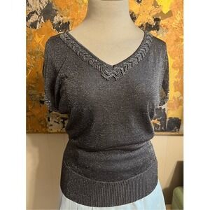 Cache Silver Beaded Cold Shoulder Short Sleeved Dressy Top GORGEOUS S